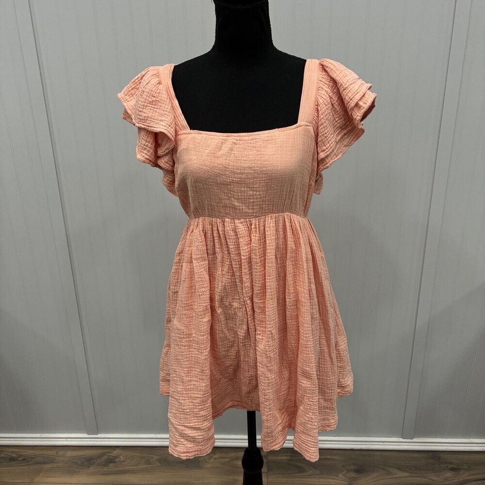 MABLE L Large Dress Peach Pink Cotton Double Gauze Ruffle Square Neck Mini